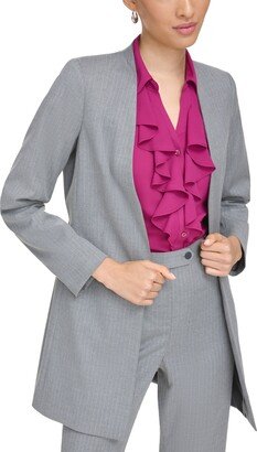 Petite Pinstriped Open-Front Blazer - Charcoal/Cream