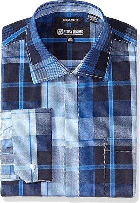 Men's Plaid Regular Fit French Cuff Dress Shirt (Blue) Men's Long Sleeve Button Up