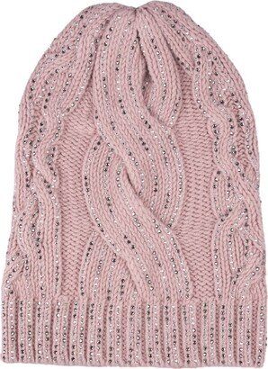 Pink Braided Knitted Beanie With Crystals