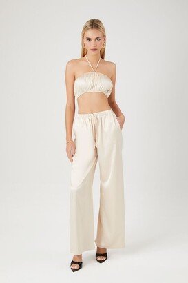 Women's Satin Crop Top & Pants Set in Cream Large