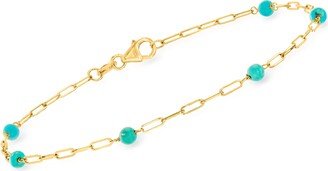 RS Pure by Ross-Simons 3-4mm Turquoise Bead Station Paper Clip Link Bracelet in 14kt Yellow Gold