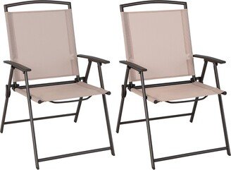 2 pcs Patio Folding Sling Dining Chairs Armrests Steel Frame - See Details