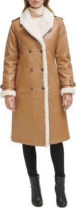 Faux Shearling Trim Double Breasted Coat