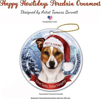 Rat Terrier Tan | Brown & White Tipped Santa Hat Porcelain Christmas Ornament | Select Options To Personalize