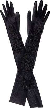 Long Black Gloves With Embroidery In Mesh Woman