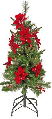 National Tree Company 3' Feel Real Colonial Pencil Slim Hinged Tree with Poinsettias, Berries 50 Clear Lights