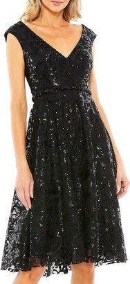 Sequin V-Neck Cap-Sleeve Knee-Length Dress