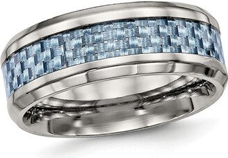 Men's 8.0mm Checker Pattern Blue Carbon Fiber Inlay Beveled Edge Wedding Band in Titanium