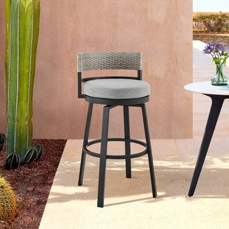 Encinitas Outdoor Patio Counter or Bar Height Bar Stool in Aluminum with Wicker and Grey Cushions