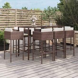 9 Piece Patio Bar Set with Cushions Brown Poly Rattan - 19.7