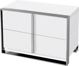 Noe 28 Inch Nightstand, 2 Drawers, Stainless Steel Frame, Glossy White