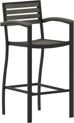 Emma and Oliver All-Weather Bar Height Dining Stool with Gray Wash Polyresin Slats, Armrests and Aluminum Frame