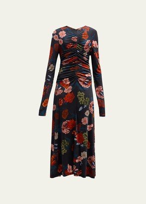 Maisy Long-Sleeve Floral Ruched Midi Dress