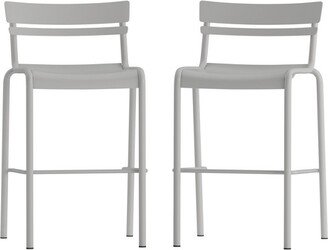 Emma and Oliver Set of 2 Armless Powder Coated Steel Bar Height Stools with 2 Slat Backs for Indoor-Outdoor Use in Silver