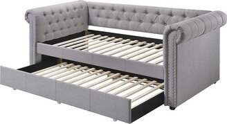 IGEMAN Justice Upholstered Button Tufted Daybed with Trundle, Rolled Arms and Nailhead Trim, Smoke Gray Fabric