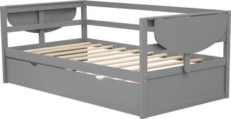 IGEMAN Gray Twin Size Daybed with Trundle and Foldable Shelves on Both Sides, 77.6''L*80.7''W*29.9''H, 94.5LBS