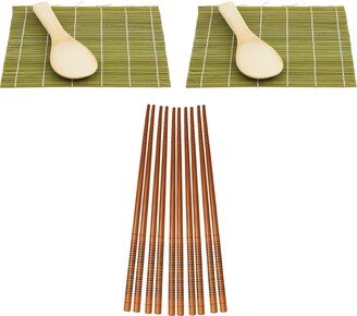 Helen's Asian Kitchen Sushi Rolling Set, Includes 2 Sushi Mats 2 Rice Paddles and 10-Pair Silk Wrapped Bamboo Chopsticks - Green, Tan