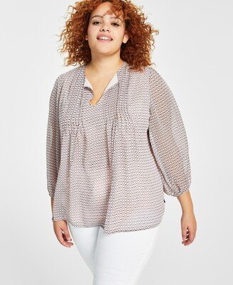 Plus Size Printed Pintucked Top - Ballerina Pink/Sky Captain