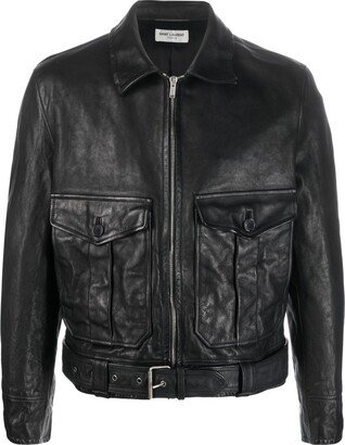 Buckle-Fastening Cropped Leather Jacket