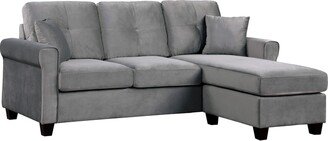 Daye 83 Inch Sectional Sofa, Reversible Chaise, Tufted Gray Velvet Fabric