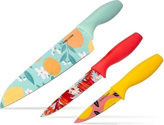 Dura Living 3 Piece Printed Kitchen Knife Set with Blade Guards, Multi Color