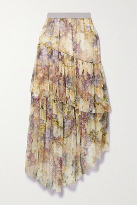 Lyrical Asymmetric Floral-print Silk-georgette Midi Skirt - Cream