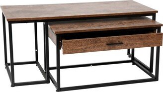 Emma and Oliver Two Piece Modern Industrial Style Nesting Coffee Table Set with Storage Drawer in Walnut Finish with Black Steel Tube Frame