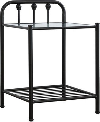 Metal Nightstand with Glass Top and Slated Open Bottom Shelf, Black