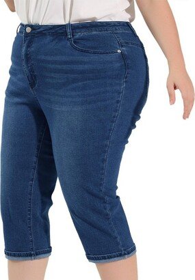 Agnes Orinda Women's Plus Size Jeans Zipper Back Yoke Stretch Roll Up Cuff Denim Pants Blue 1X