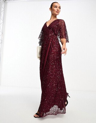 Bridesmaid kimono sleeve maxi tulle dress with tonal delicate sequin in wine