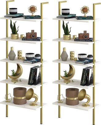 EPOWP Ladder Shelf White Marble Bookshelf 5-Tier Wall-Mounted Wood Rack Open Industrial Modern Plant Flower