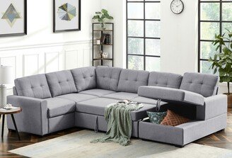 Grey Linen Fabric Sleeper Sectional Sofa with Storage Chaise - 115Wx90Dx34H