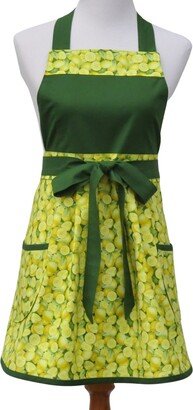 Women's Green & Yellow Lemons Full Apron, With Pleated Front & Optional Personalization