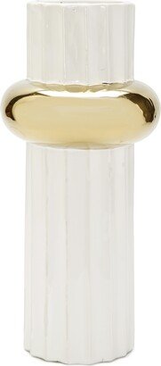 Vivience Tall White Ripple Design Vase with Gold-Tone Ring 15 H - White, Gold