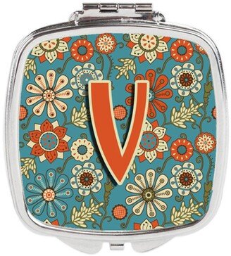 CJ2012-VSCM Letter V Flowers Retro Blue Compact Mirror