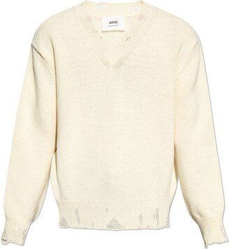 Distressed-Effect V-Neck Knitted Jumper