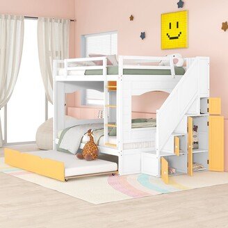 Sunmory Full Over Full Bunk Bed with Trundle Bed and Stairs & Ladders Solid Wood Bunk Bed with Storage Cabinet for Kids Teens