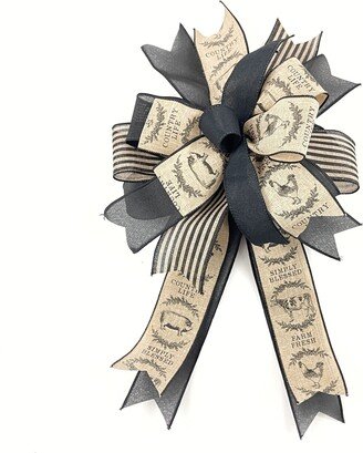 Pre-Made Farmhouse Animal Wreath Bow, Front Door Hanger, Black & Beige Embellishment, Accent