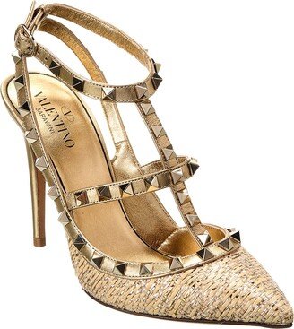 Rockstud Caged 100 Raffia & Leather Pump