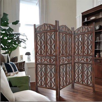 Devera Brown Decorative 3 Panel Mango Wood Screen with Abstract Carvings-AA