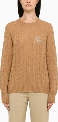 Beige cable-knit crew-neck sweater