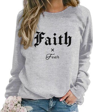 PORCLAY PORCLYA Faith Over Fear Sweatshirts for Women Aesthetic Christian Sweatshirt Casual Fashion Crew Neck Pullover Loose Fit Tops Grey-1 XL-AA