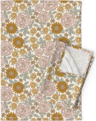 Mustard Gold Blush Tea Towels | Set Of 2 - Golden Floral By Indybloomdesign Western Feminine Linen Cotton Spoonflower