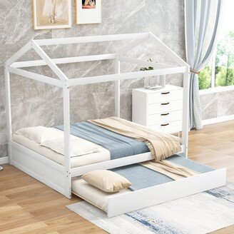 EDWINRAY Full Size House Bed with Trundle, Wooden Daybed Frame with Roof Design and Support Legs, Can Be Decorated, White