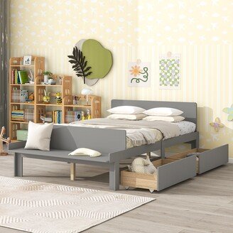 Joliwing Full Size Kid Bed,Solid Wood Platform Bed with Footboard Bench and Storage Drawers,Grey