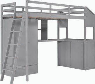 Twin Size Loft Bed with Wardrobe and Drawers