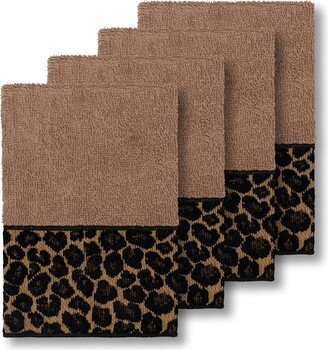 Authentic Hotel and Spa Turkish Cotton Cheetah Jacquard Trim Latte Brown 4-piece Washcloth Set