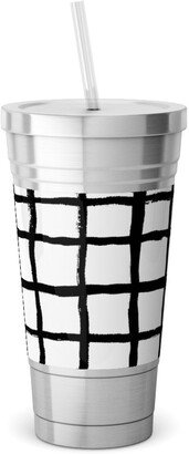 Travel Mugs: Simple Grid - Classic - Black And White Stainless Tumbler With Straw, 18Oz, Black