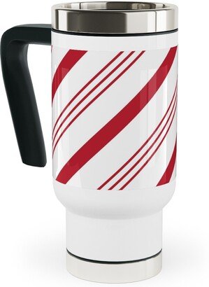 Travel Mugs: Candy Cane Stripes - Red On White Travel Mug With Handle, 17Oz, Red