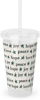 Travel Mugs: Peace Love Hope Joy - Beige Acrylic Tumbler With Straw, 16Oz, Beige